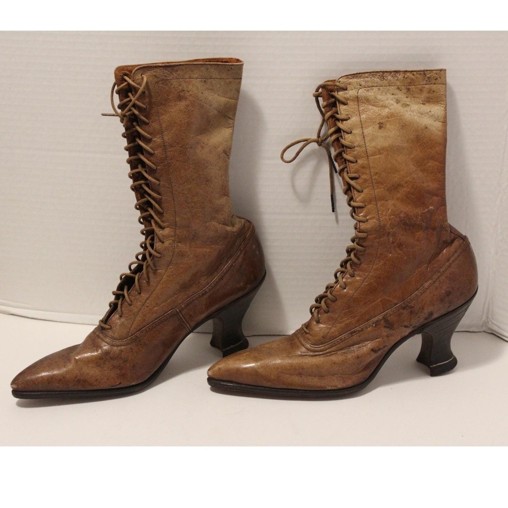 Antique Leather brown Louis Heel Lace Up Boots 1900–1915 Edwardian Vinatge MCM